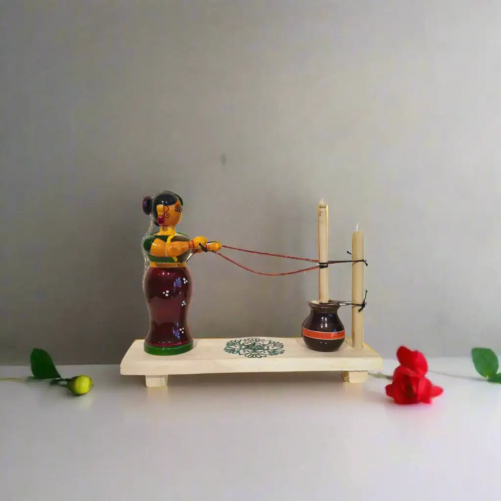 Handicrafted Lacquerware - Lady Churning Butter Figurine Etikoppaka Lacquerware