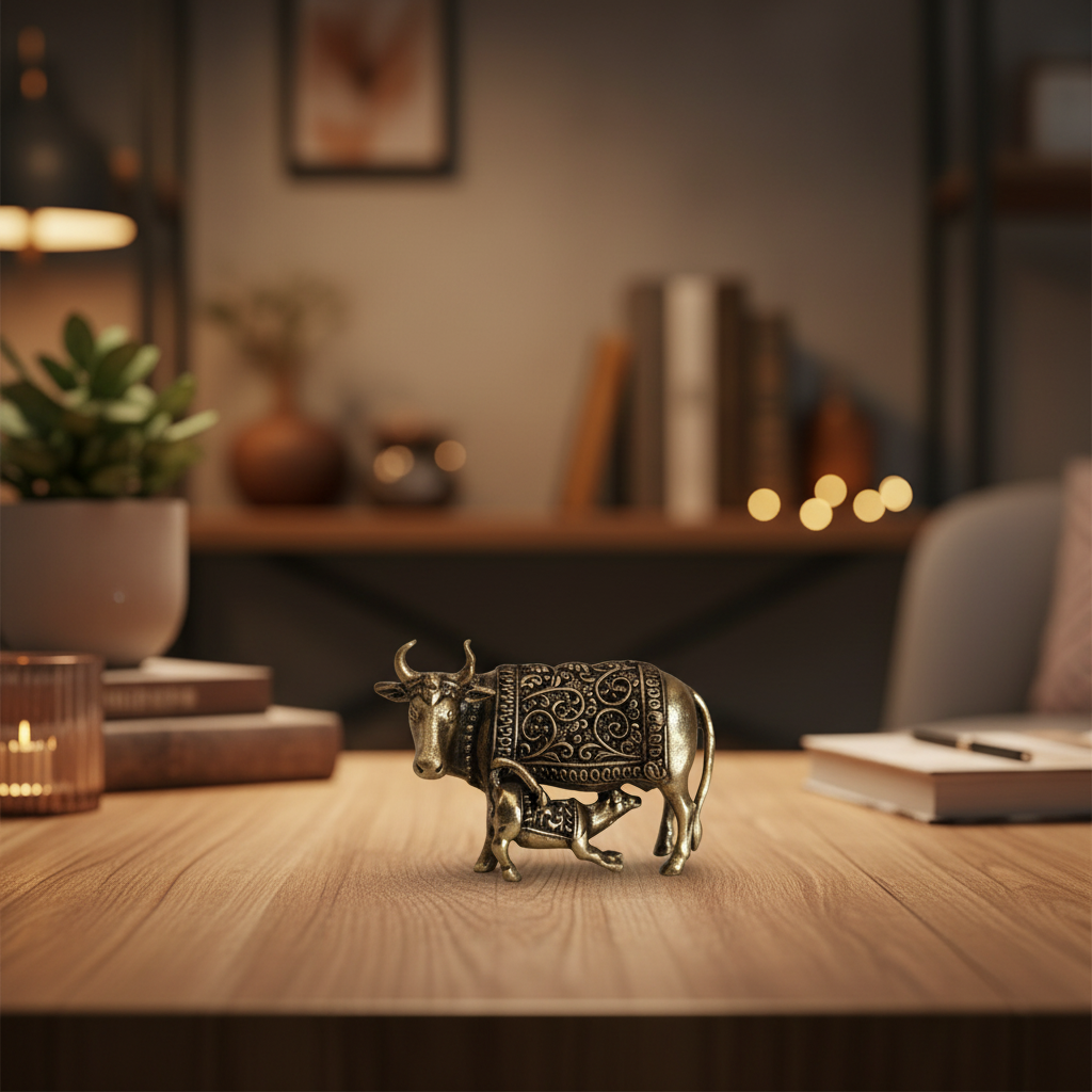 Brass Kamadhenu Cow and Calf Statue Brass Artwork