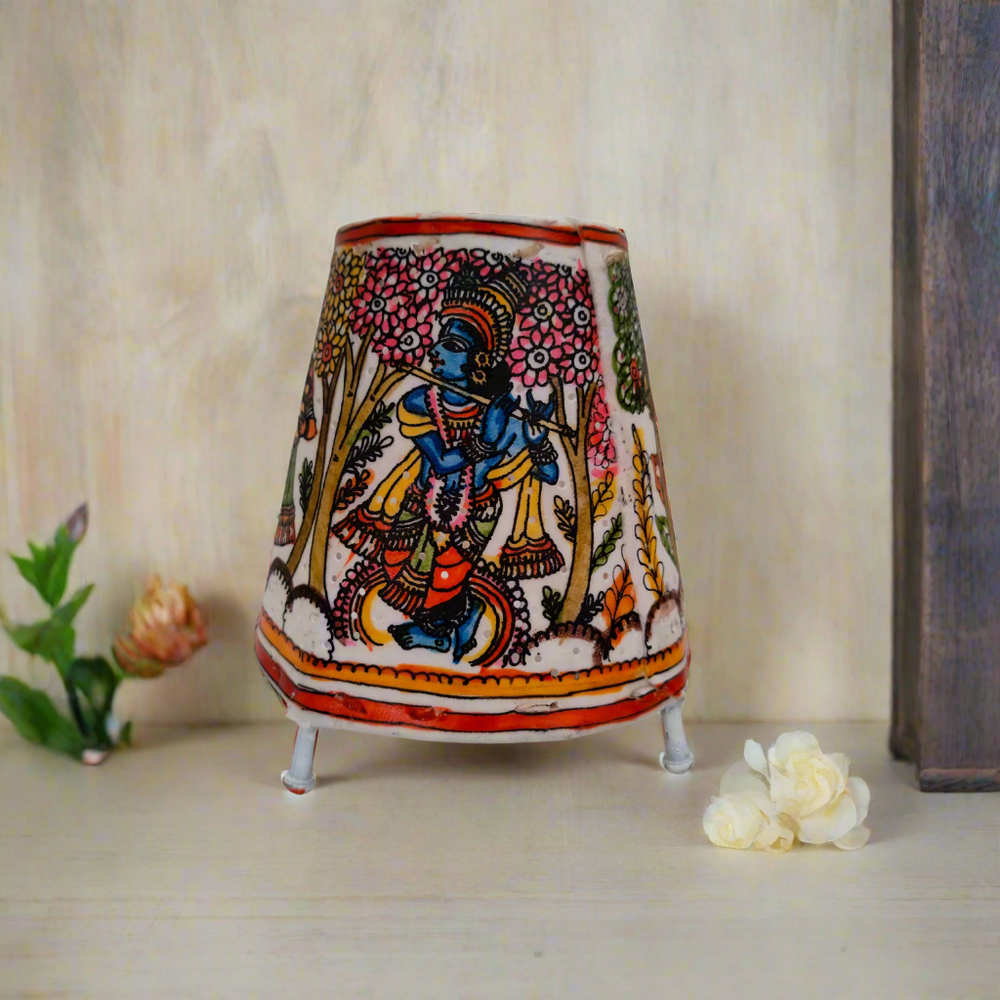 Hand Painted Radha Krishna in Forest Leather Puppetry Lamp | Bed Lamp Leather Paintings