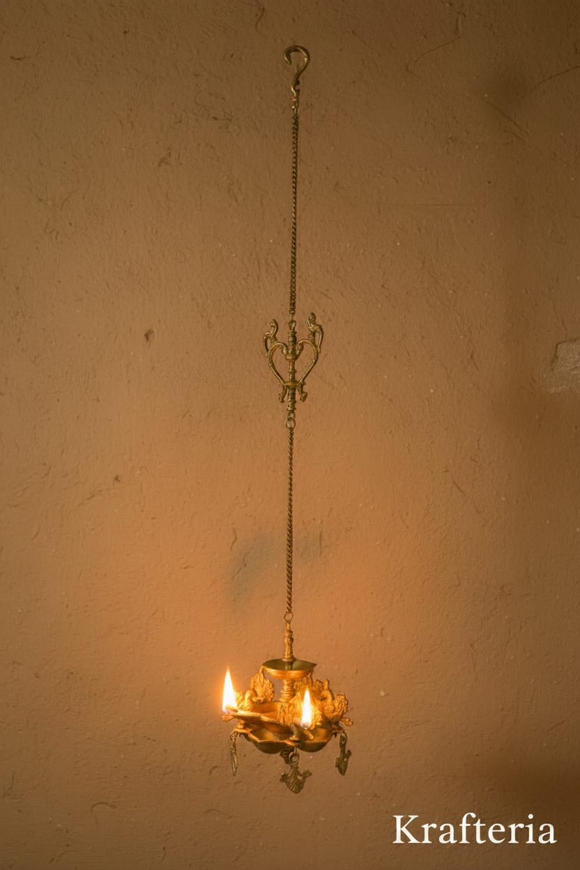 Handmade Ethnic Brass Hanging Diya for Home Entrance & Mandir Brass Artwork