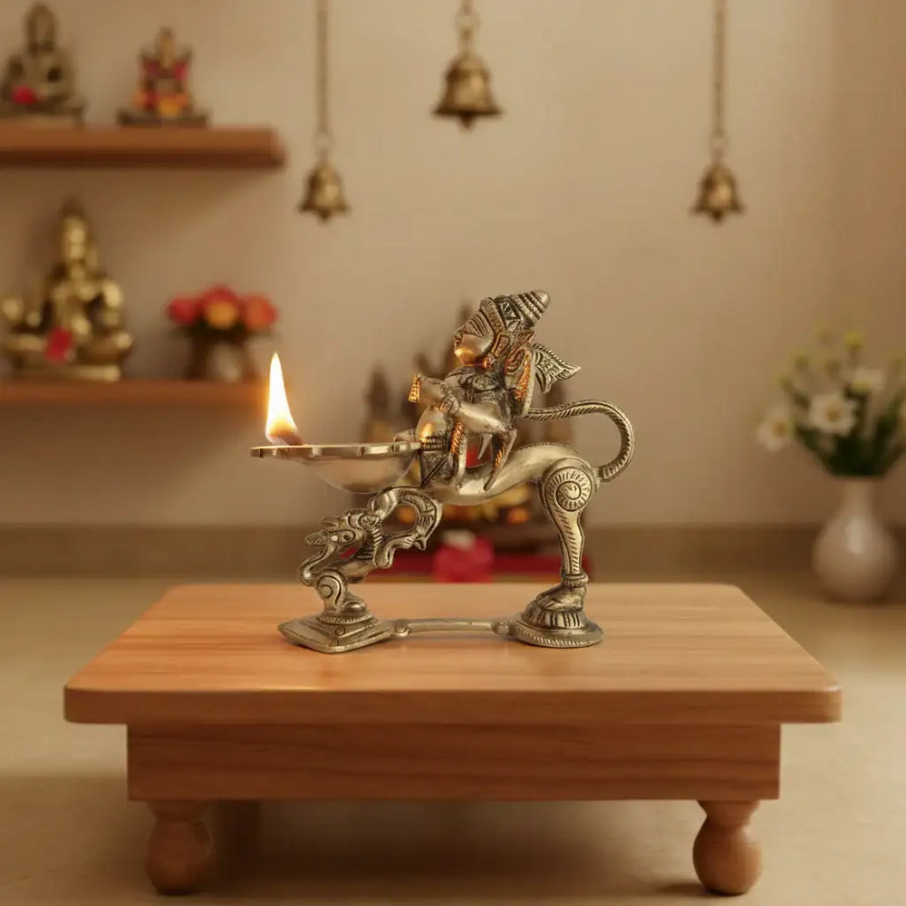Mythical Brass Yali (Vyala) Oil Lamp - Traditional Indian Diya Stand Brass Ware
