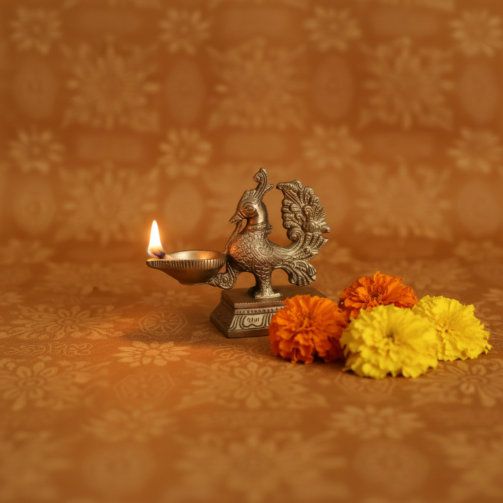 Handcrafted Brass Annapakshi Table Diya | Traditional Peacock Oil Lamp on Pedestal Base Brass Artwork