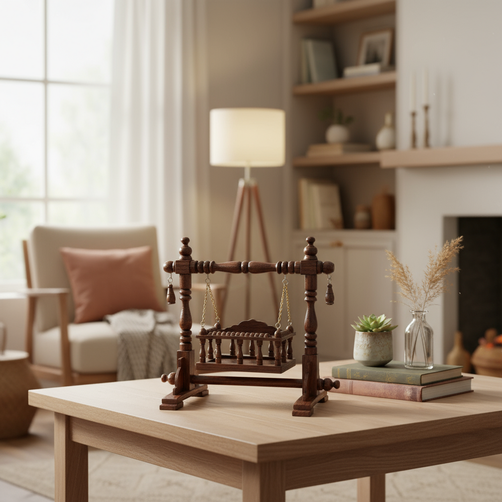 Royal wooden jhula swing with finely carved wooden pillars and detailed traditional craftsmanship