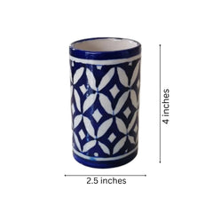 Geometric Blue Pottery Pen Stand | Contemporary Desk Organizer Pottery