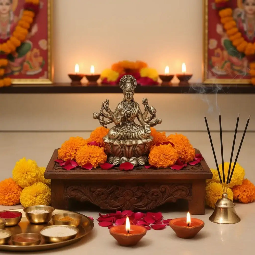 Brass Ashta Lakshmi Idol Seated on Lotus - Eight-Armed Goddess Brass Ware