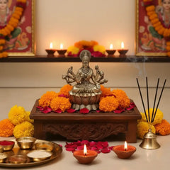 Brass Ashta Lakshmi Idol Seated on Lotus - Eight-Armed Goddess Brass Ware
