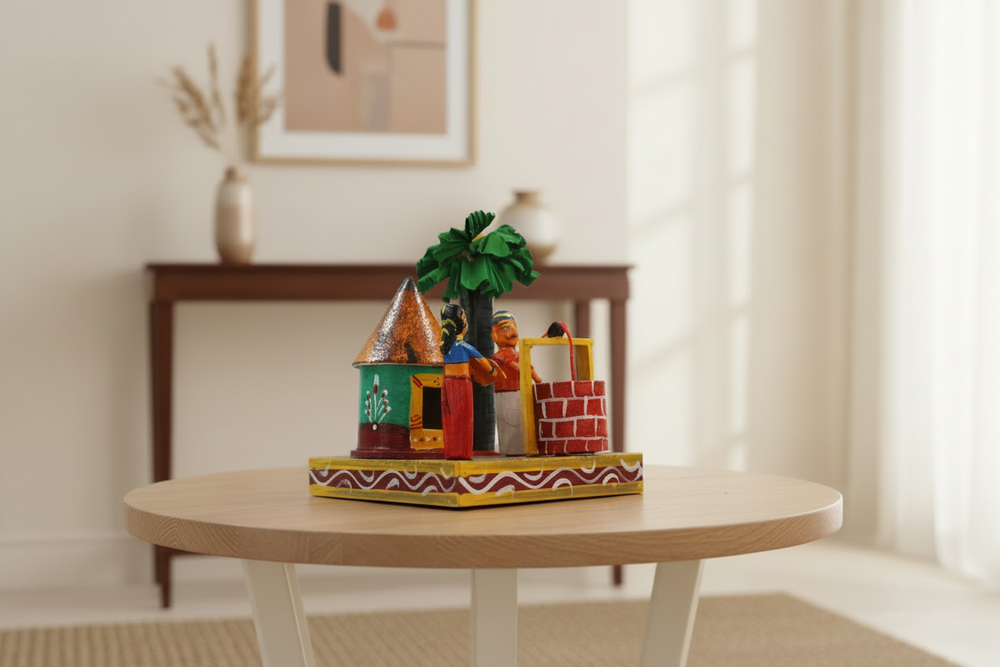 Traditional Channapatna wooden toy depicting man and woman at village well