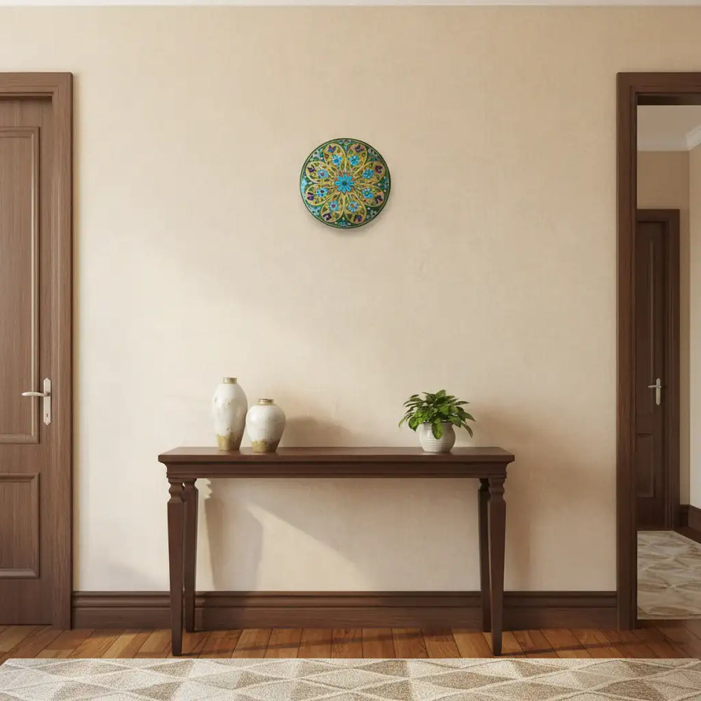 Earthy Green and Yellow Floral Medallion Wall Plate Pottery