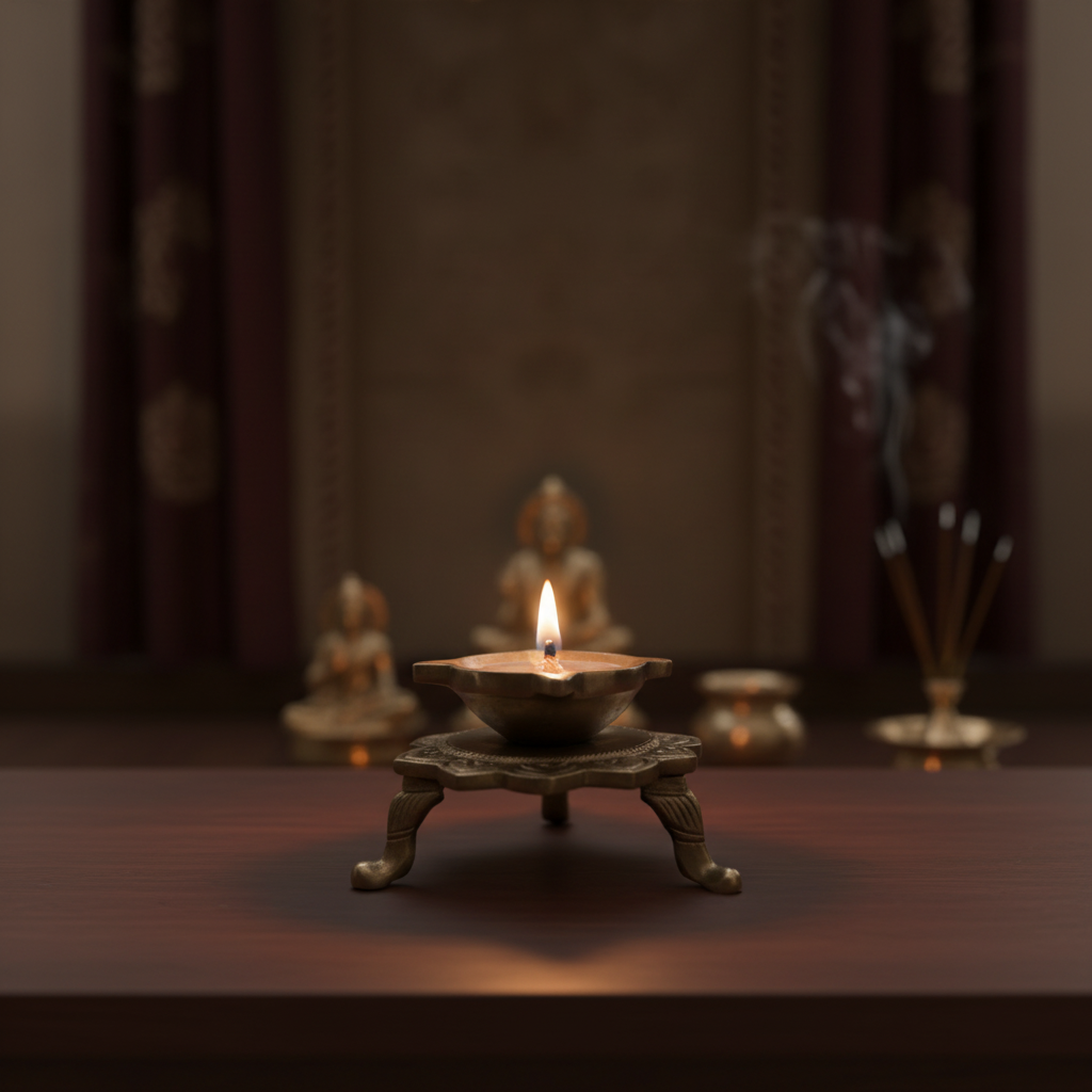 Handcrafted Lotus Pedestal Brass Diya | Traditional Tabletop Oil Lamp with Ornamental Legs Brass Artwork