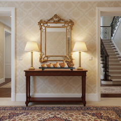 Hand-carved wooden duck family sculpture with intricate jali work displayed on polished wooden base