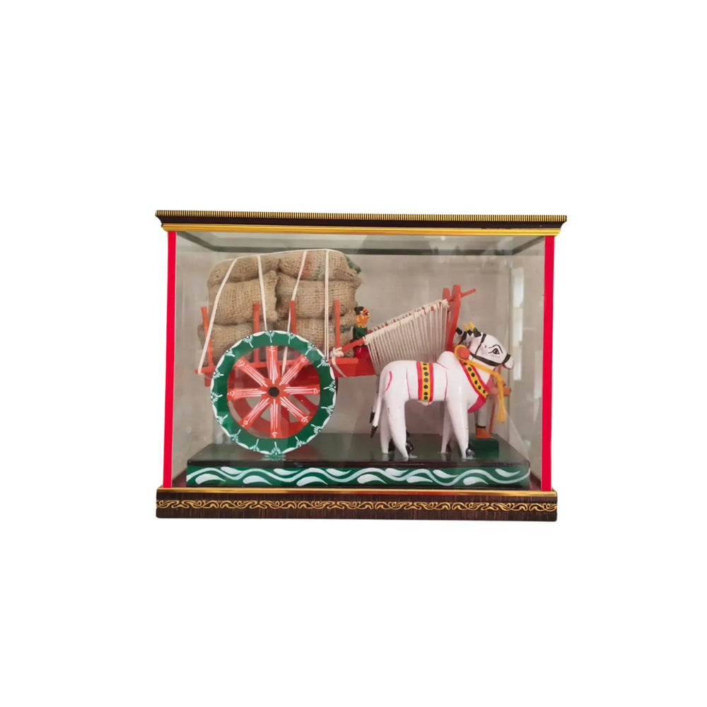 Handcrafted Kondapalli Wooden Bullock Cart in Display Case – Traditional Indian Village Art Kondapalli Lacquerware