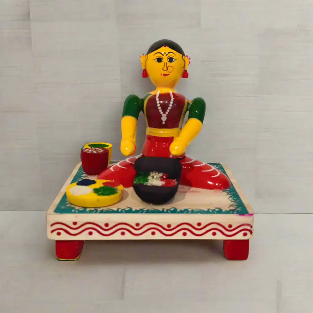 Lady Grinding Spices Figurine - Etikoppaka Lacquerware Etikoppaka Lacquerware