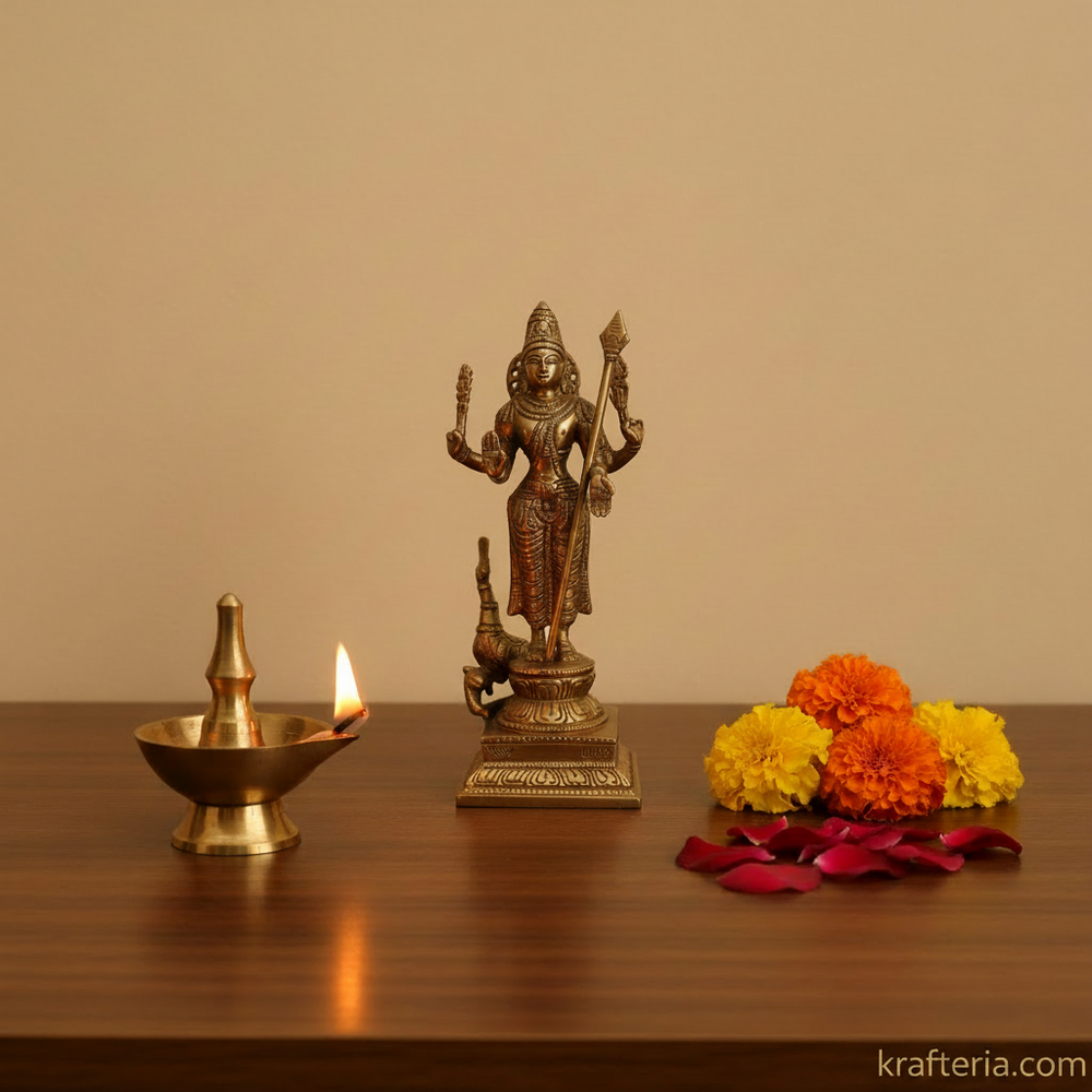 Traditional Lord Kartikeya Idol with Vel and Peacock Brass Artwork