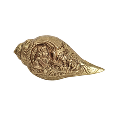 Intricately Carved Brass Decorative Shankha (Conch Shell) with Hindu Deities