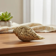 Intricately Carved Brass Decorative Shankha (Conch Shell) with Hindu Deities Brass Ware
