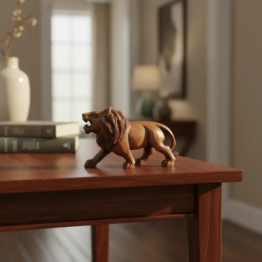 Wooden Lion Carving | Intricate Hand-Carved Animal Statue maruthi handicrafts