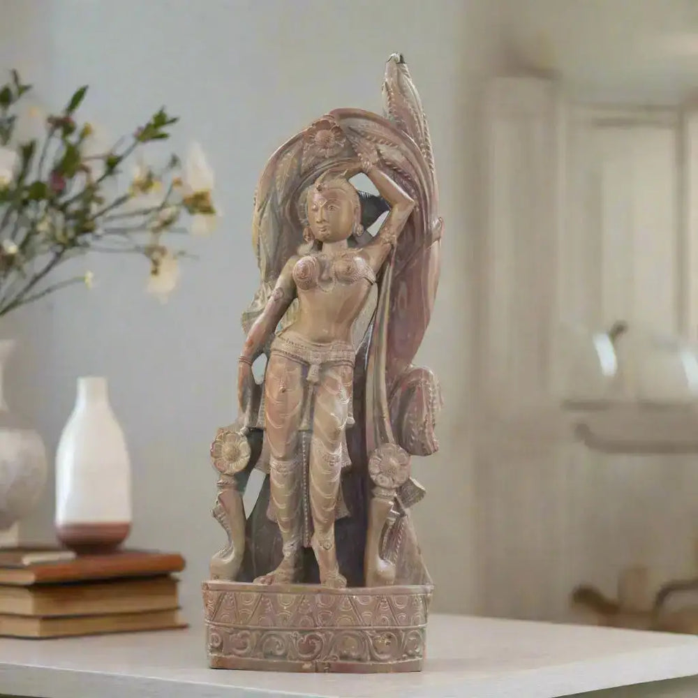 Rose Red Sculpture of Lady with Hand on Head – Grace and Elegance Soft Stone