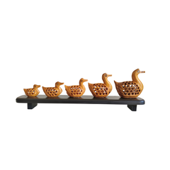 Charming Wooden Jali Work Duck Family Sculpture on Display Base
