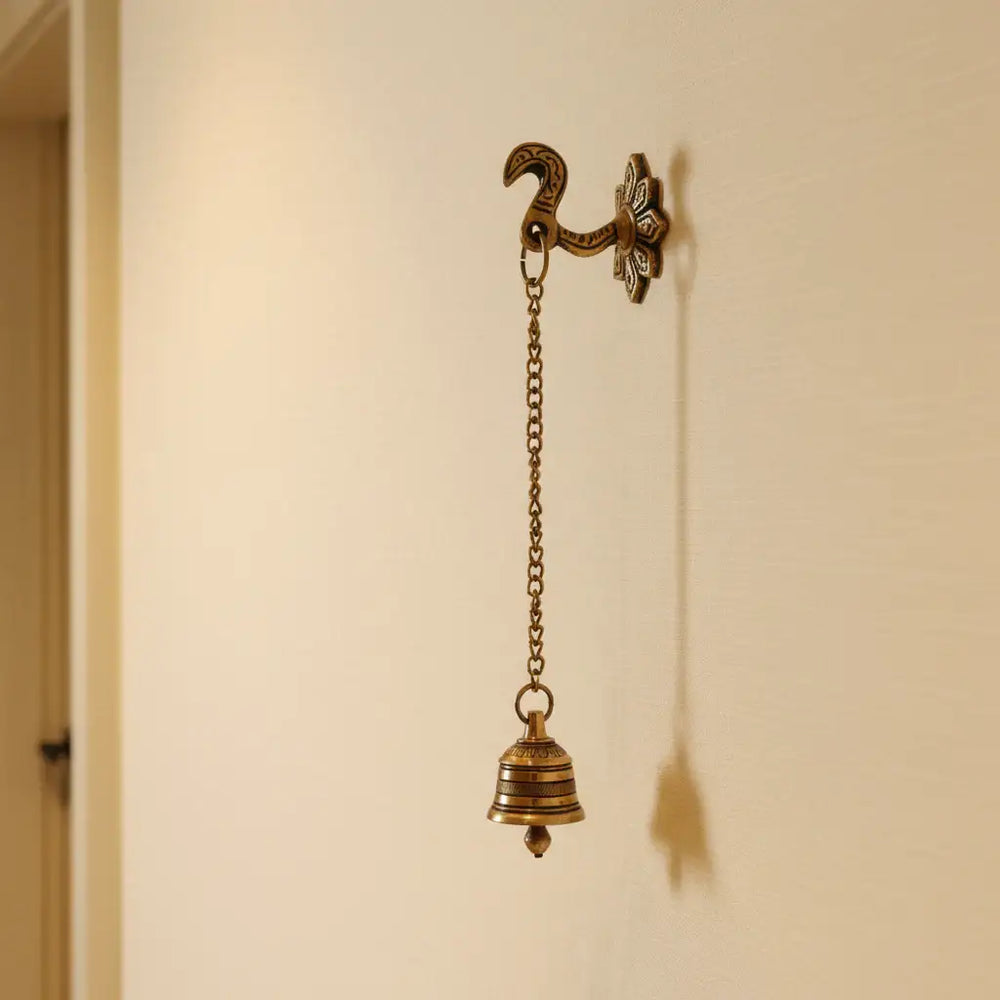 Handcrafted Antique Finish Hanging Brass Temple Bell with Chain and Hook Brass Ware