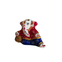 Folk Art Lord Ganesha Idol in Red, Blue, and Gold Patka Style Marble Soft Stone