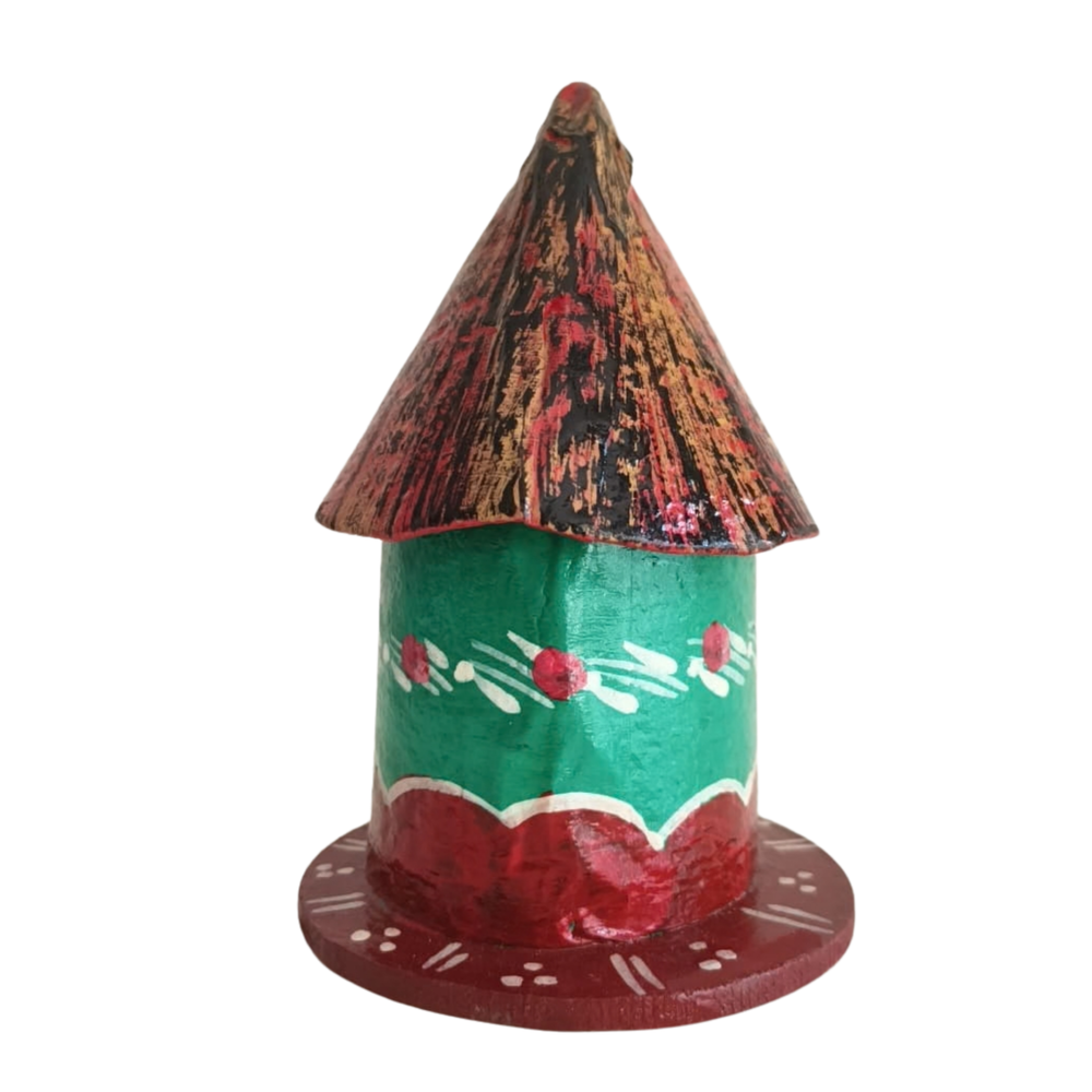 Traditional Kondapalli wooden hut toy with intricate hand-painted details.