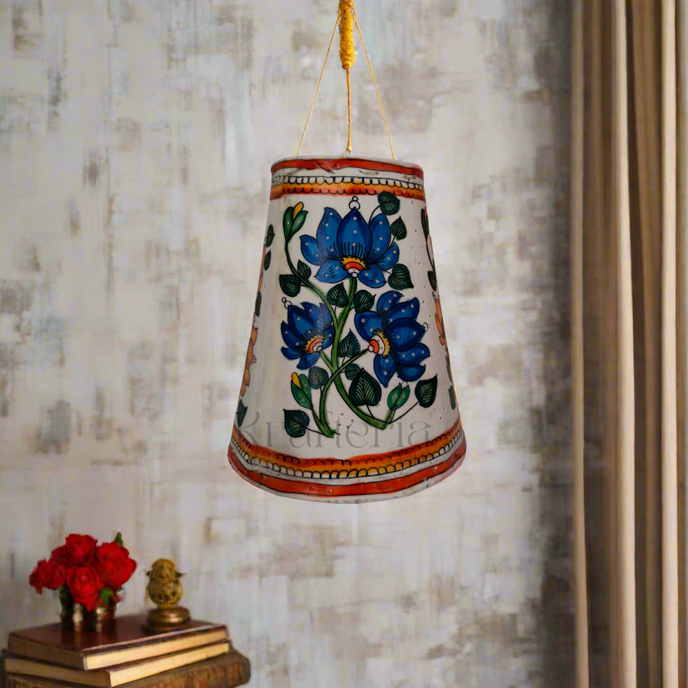 Handcrafted Leather Puppetry Lampshade with Lotus Motifs | Bed Lamp Leather Paintings
