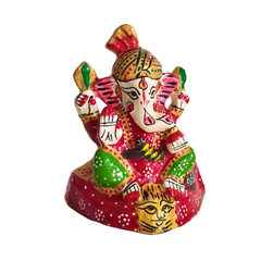 Hand-Painted Ganesha Idol - Auspicious Red Meenakari with Lion Base