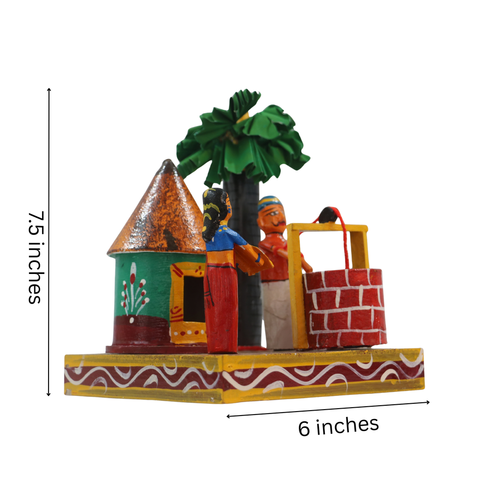 Colorful Channapatna wooden village life series man and woman at well