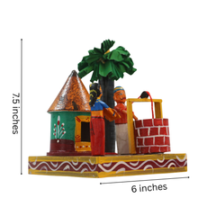 Colorful Channapatna wooden village life series man and woman at well