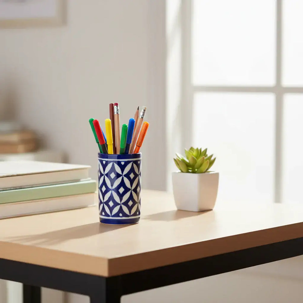 Geometric Blue Pottery Pen Stand | Contemporary Desk Organizer Pottery