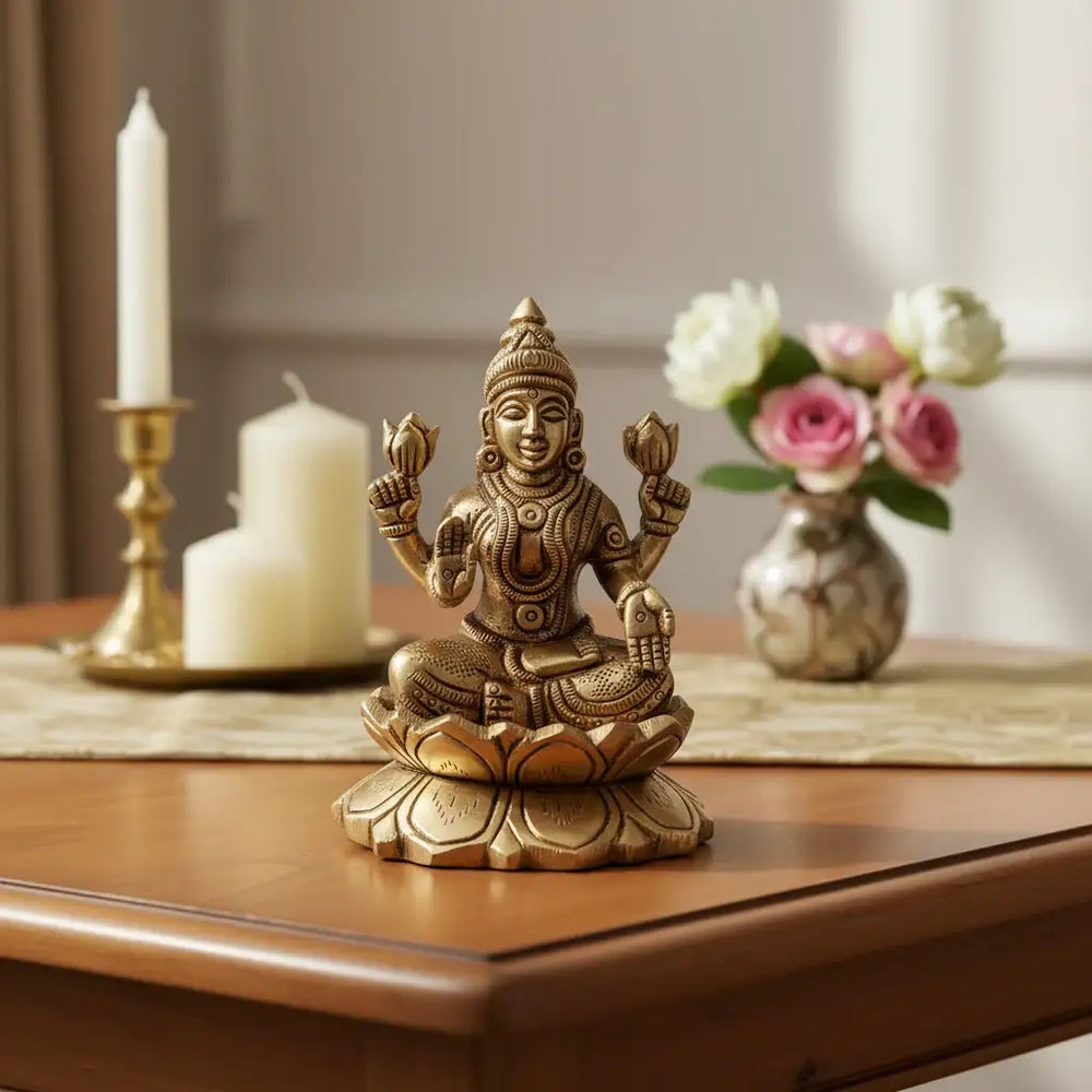 Brass Idol of Goddess Lakshmi Seated on Lotus – Ashtalakshmi Form for Prosperity Brass Ware