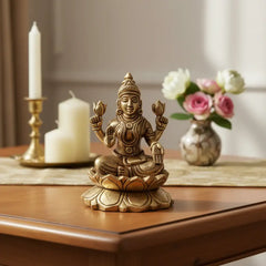 Brass Idol of Goddess Lakshmi Seated on Lotus – Ashtalakshmi Form for Prosperity Brass Ware