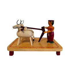 Etikoppaka Lacquer Wood Diorama - Traditional Farmer and Bull Ploughing Scene