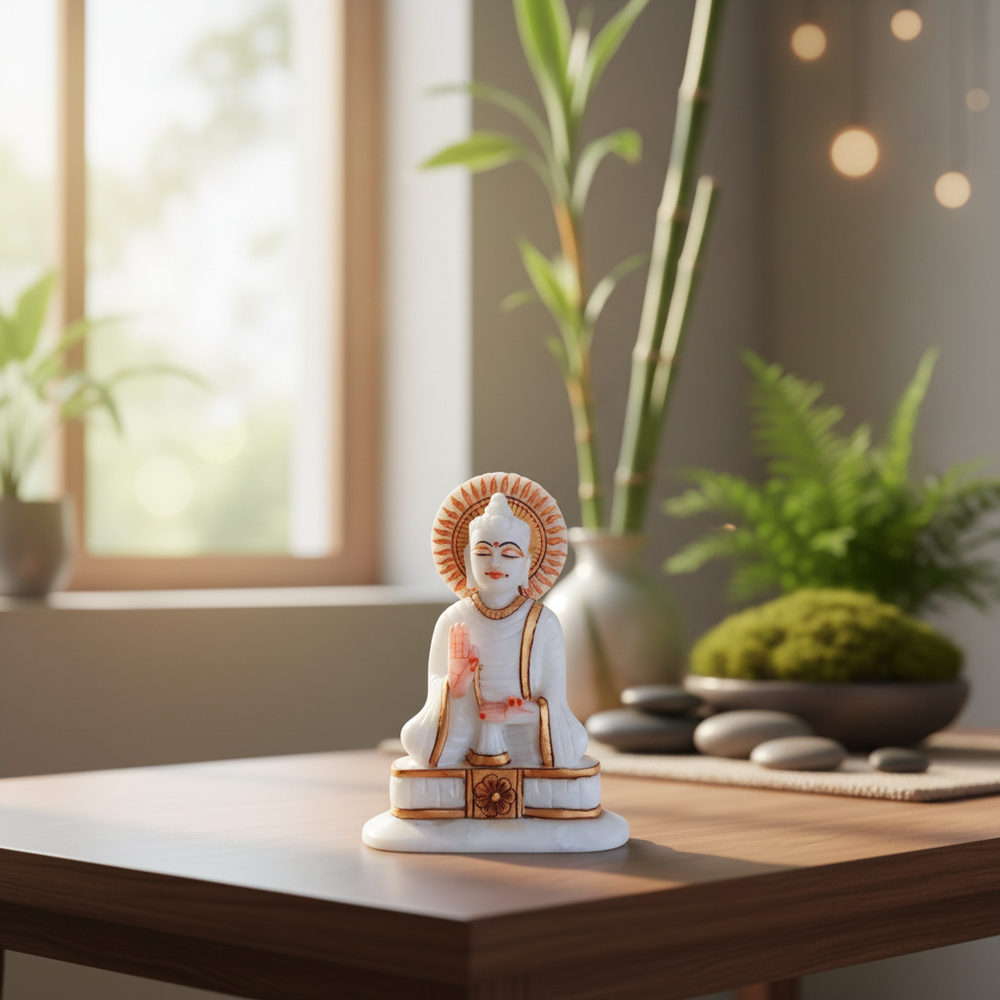 White marble meditating Buddha statue with elegant gold detailing.