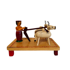 Etikoppaka Lacquer Wood Diorama - Traditional Farmer and Bull Ploughing Scene