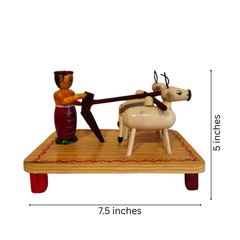 Etikoppaka Lacquer Wood Diorama - Traditional Farmer and Bull Ploughing Scene