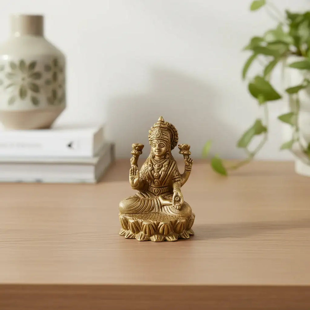 Brass Idol of Goddess Lakshmi Seated on Lotus - Four-Armed Deity Brass Ware