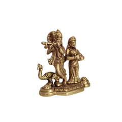 Brass Radha Krishna Idol with Flute and Peacock – Symbol of Eternal Love and Devotion