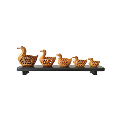 Charming Wooden Jali Work Duck Family Sculpture on Display Base Wood Decorative