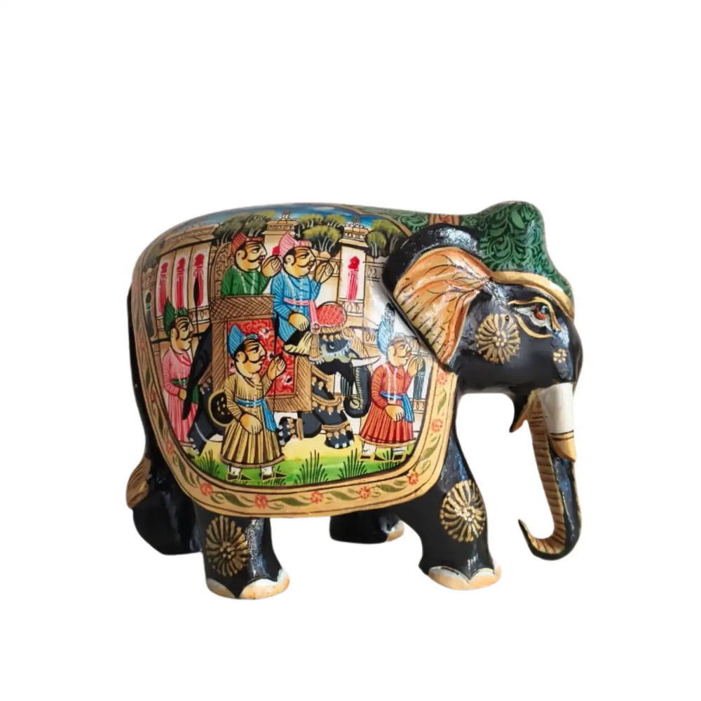 Black Painted Wooden Mughal Elephants – Elegant Decorative Figurines maruthi handicrafts