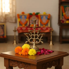 Ornate Brass Multi-Wick Diya Lamp with Peacock Motif - Traditional Pooja Item Brass Ware