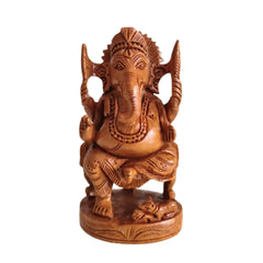 Hand-Carved Wooden Ganesha Statue on Throne Wood Decorative
