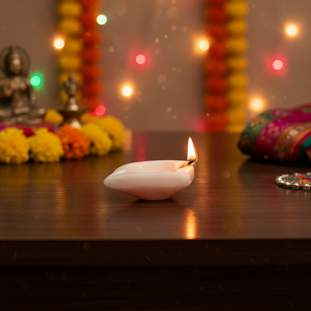 Handcrafted Floral Diya Lamp Marble Soft Stone