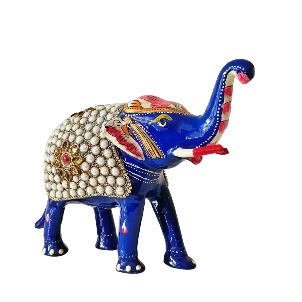 Hand-Painted Metal Elephant with Stone Inlay | Decorative Figurine maruthi handicrafts