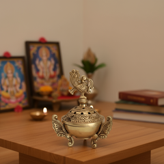 Ornate Handcrafted Brass Peacock Dhoop Dani / Incense Burner with Antique Finish