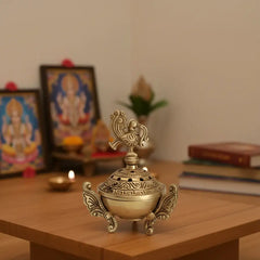 Ornate Handcrafted Brass Peacock Dhoop Dani / Incense Burner with Antique Finish Brass Ware