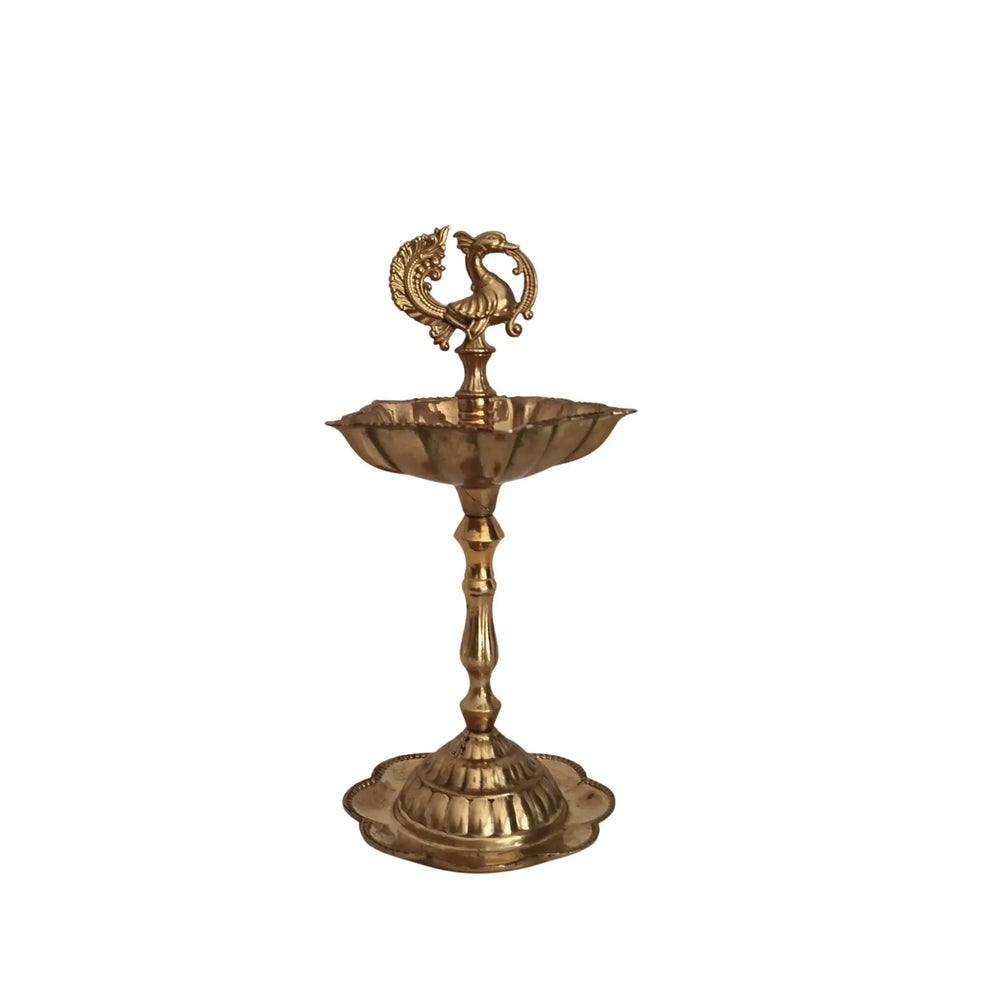 Elegant Traditional Brass Diya Stands (Kuthu Vilakku) with Peacock Finials Brass Ware