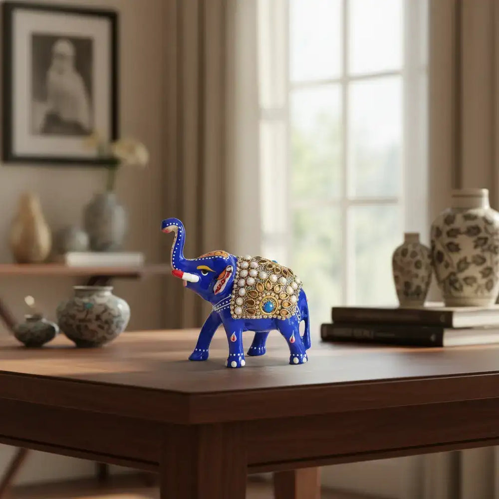 Hand-Painted Metal Elephant with Stone Inlay | Decorative Figurine maruthi handicrafts