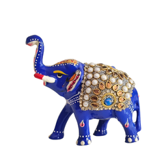 Hand-Painted Metal Elephant with Stone Inlay | Decorative Figurine