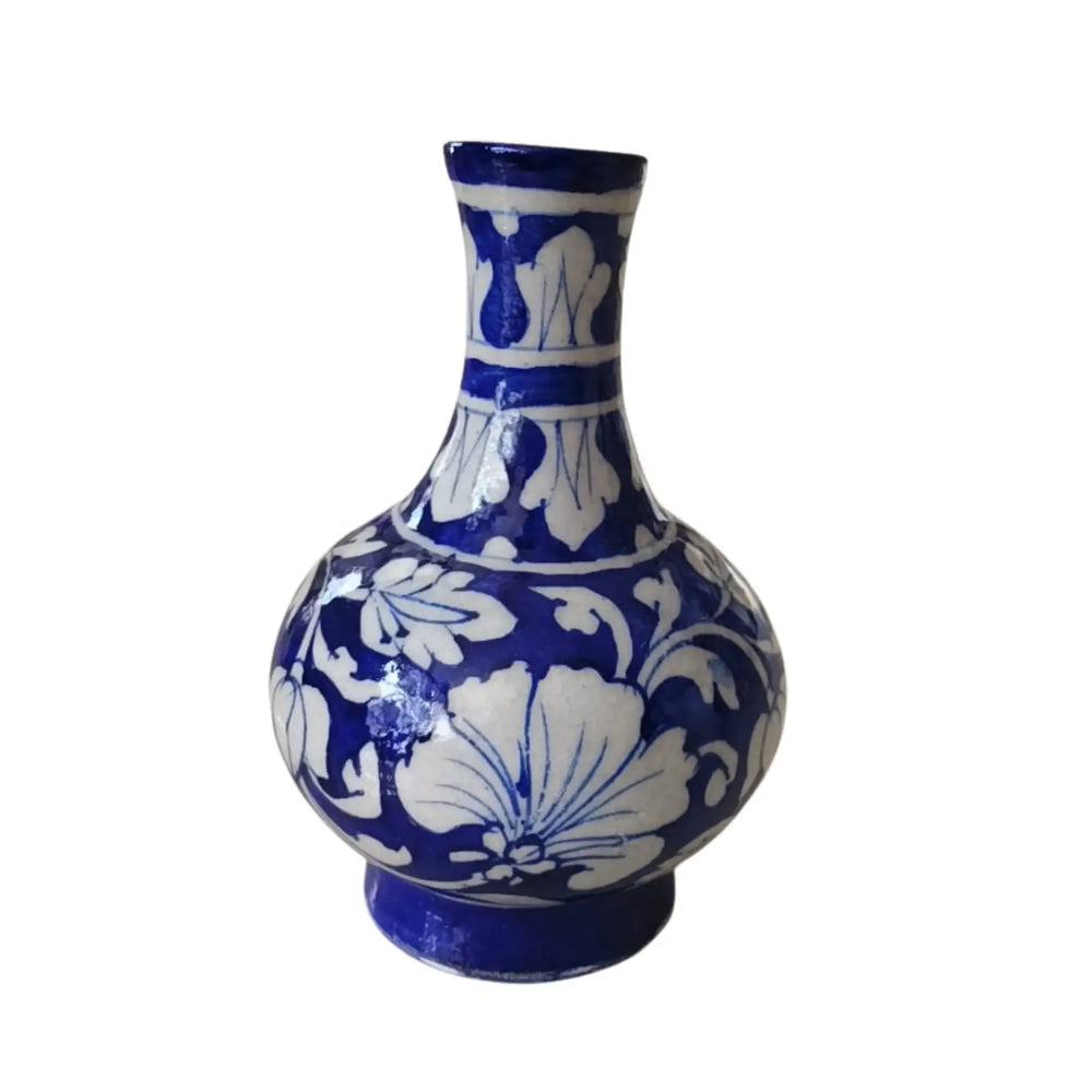 Elegant Blue Pottery Floral Vase | Hand-Painted White on Blue Decor Pottery